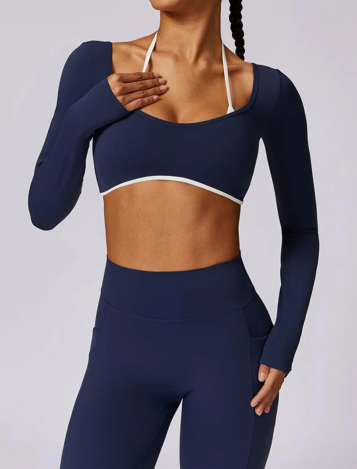 Workout Sets for Women 2 Piece Outfits Seamless High Waist Leggings Yoga Long Sleeve Crop Tops Athletic Gym Sets