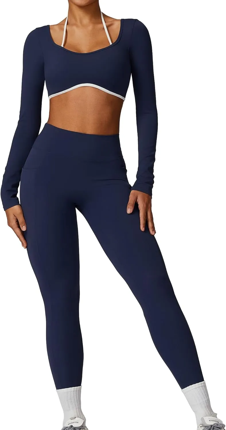 Workout Sets for Women 2 Piece Outfits Seamless High Waist Leggings Yoga Long Sleeve Crop Tops Athletic Gym Sets