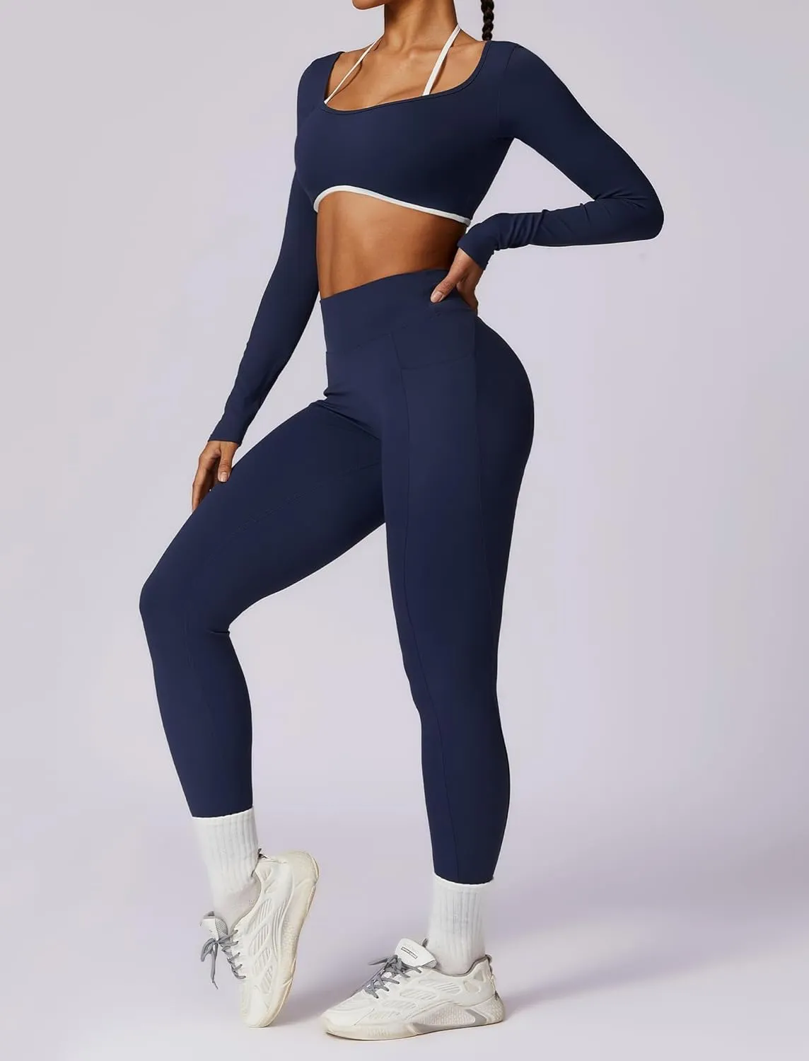 Workout Sets for Women 2 Piece Outfits Seamless High Waist Leggings Yoga Long Sleeve Crop Tops Athletic Gym Sets